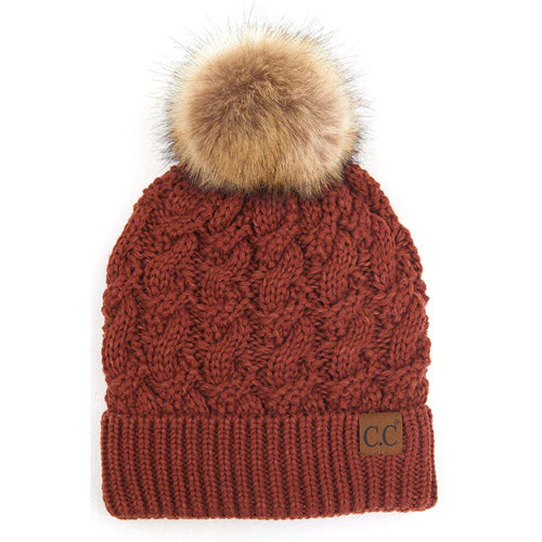 C.C Cable Ribbed Beanie Natural Plush Faux Fur Pom Pom Hat - Image 15