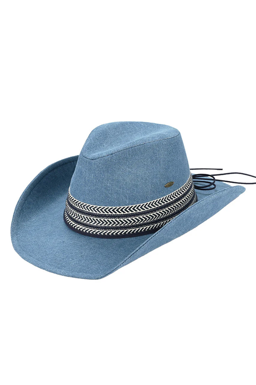 C.C Denim Cowboy Hat With Geometric Trim Bands - Image 2