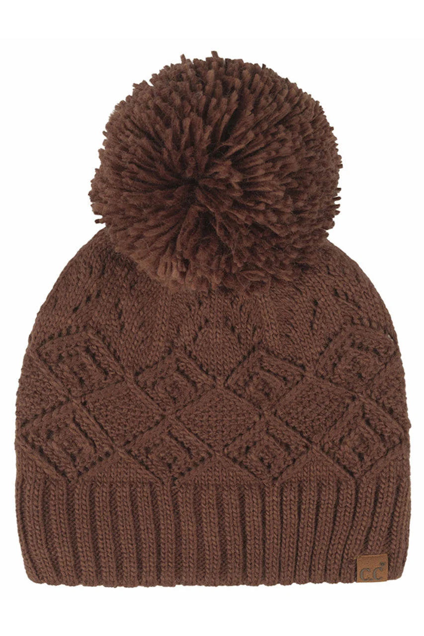 C.C Diamond Lace Pattern Yarn Pom Solid Beanie - Image 3