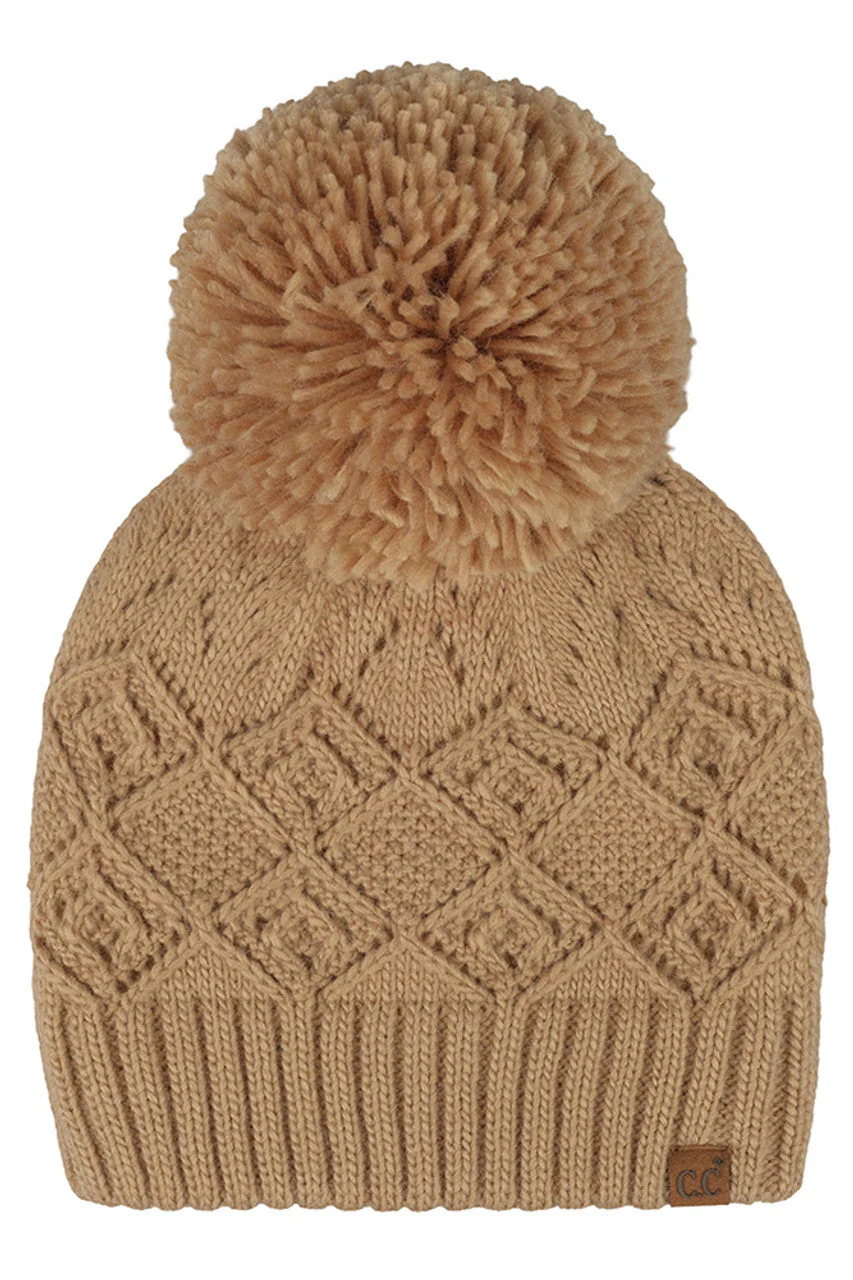 C.C Diamond Lace Pattern Yarn Pom Solid Beanie - Image 4