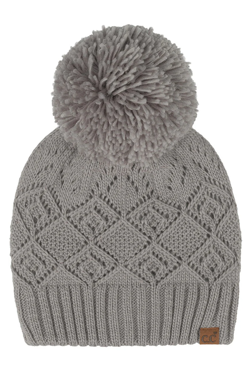 C.C Diamond Lace Pattern Yarn Pom Solid Beanie - Image 5