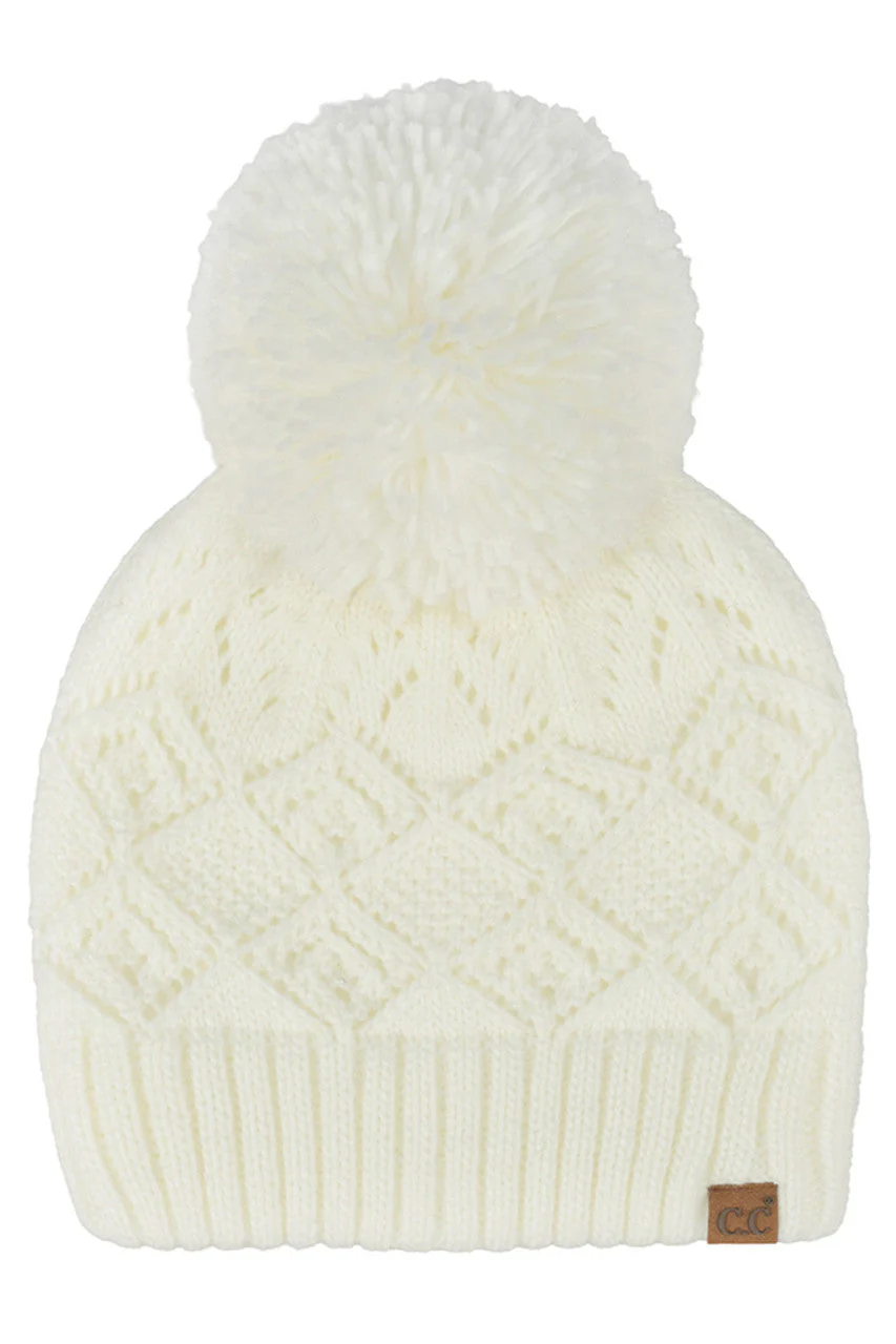 C.C Diamond Lace Pattern Yarn Pom Solid Beanie - Image 6