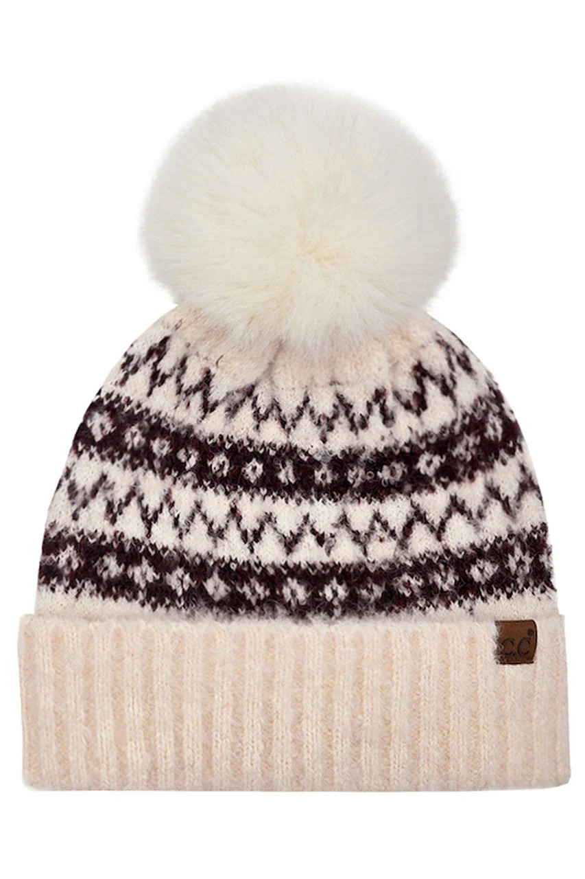 C.C Fair Isle with Solid Faux Fur Pom Beanie - Image 2