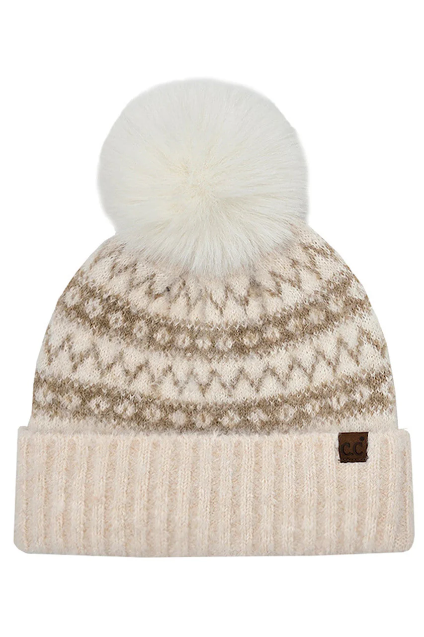 C.C Fair Isle with Solid Faux Fur Pom Beanie - Image 3