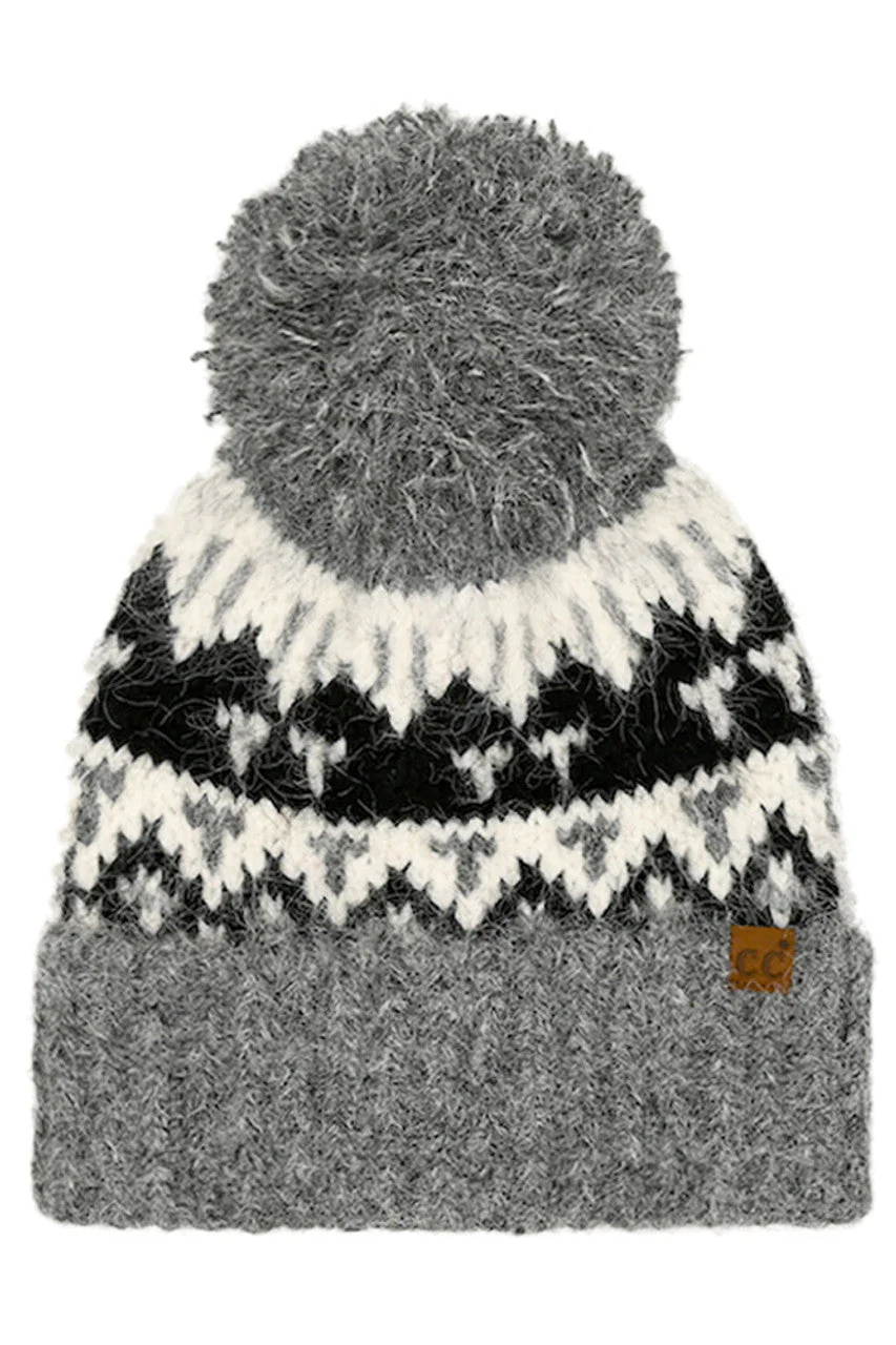 C.C Geometric Pattern Yarn Pom Beanie - Image 3