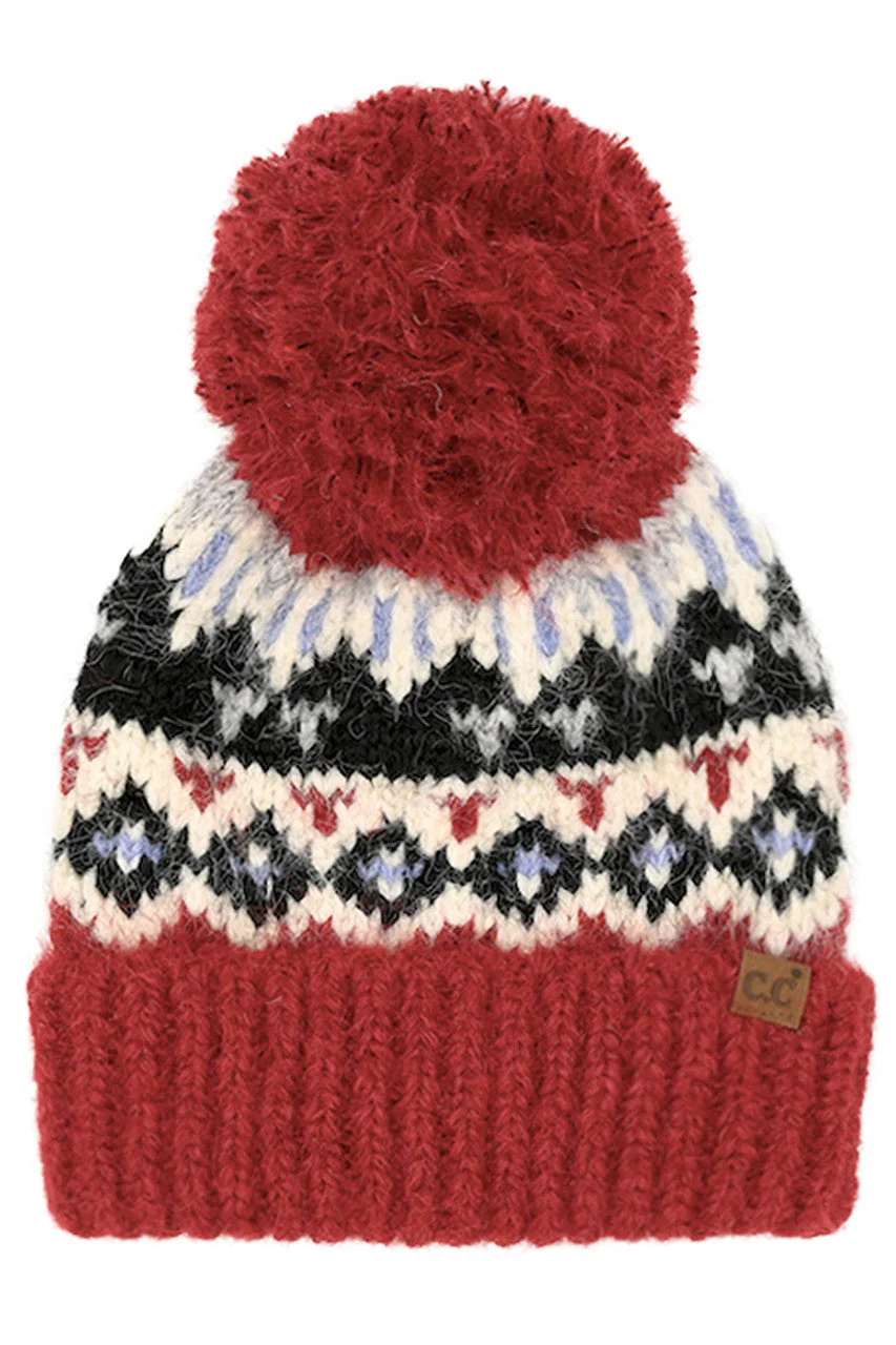 C.C Geometric Pattern Yarn Pom Beanie - Image 4