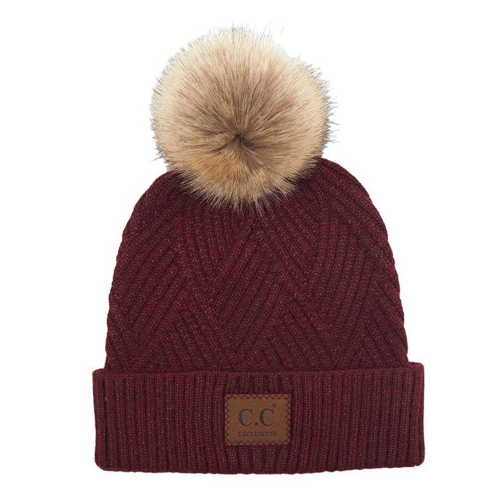C.C Heather Beanie Hat With Pom Pom And Suede Patch - Image 2