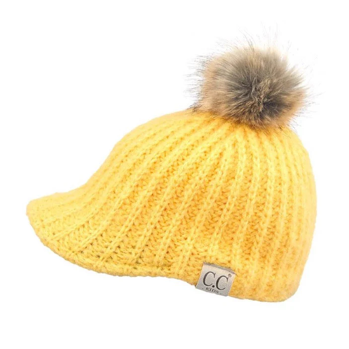 C.C Kids Cable Knitted Brim Beanie Faux Fur Pom Pom Hat - Image 2