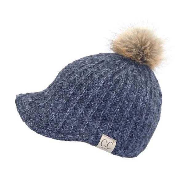 C.C Kids Cable Knitted Brim Beanie Faux Fur Pom Pom Hat - Image 3