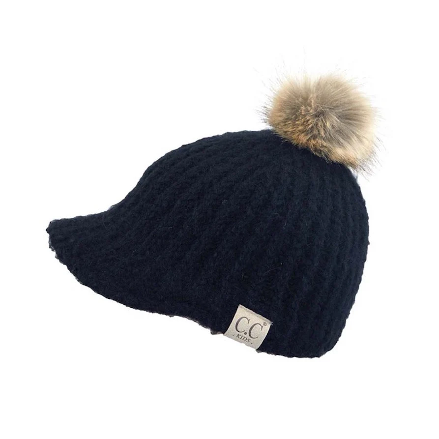 C.C Kids Cable Knitted Brim Beanie Faux Fur Pom Pom Hat - Image 4