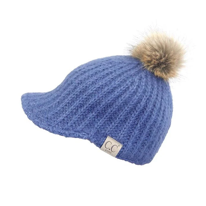 C.C Kids Cable Knitted Brim Beanie Faux Fur Pom Pom Hat - Image 5