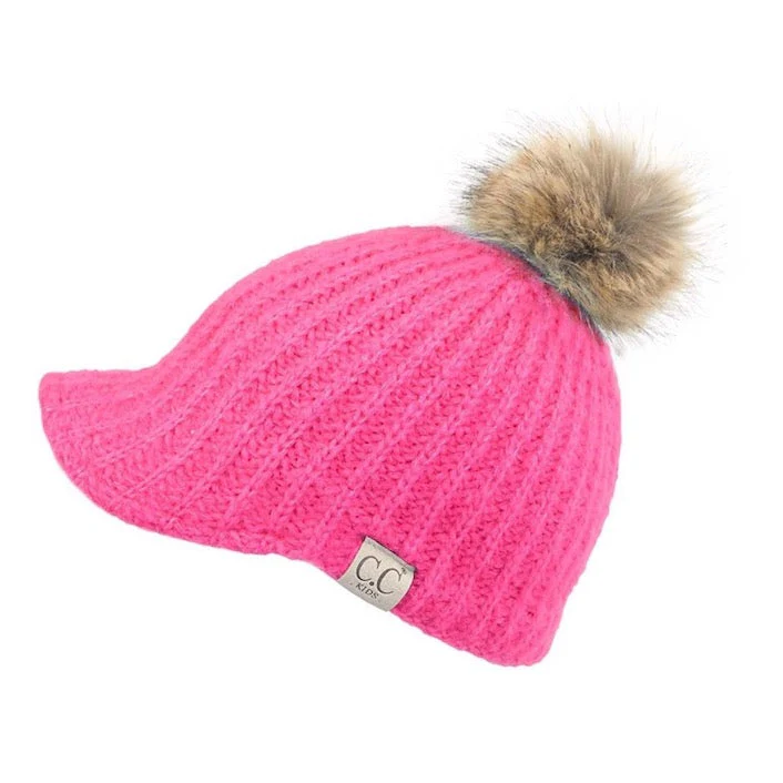 C.C Kids Cable Knitted Brim Beanie Faux Fur Pom Pom Hat - Image 7