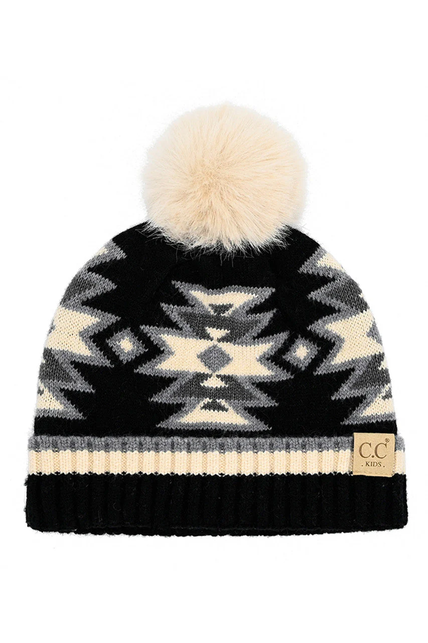 C.C Kids Southwest Pattern Faux Fur Pom Beanie - Image 2