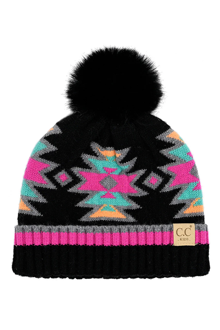 C.C Kids Southwest Pattern Faux Fur Pom Beanie - Image 3