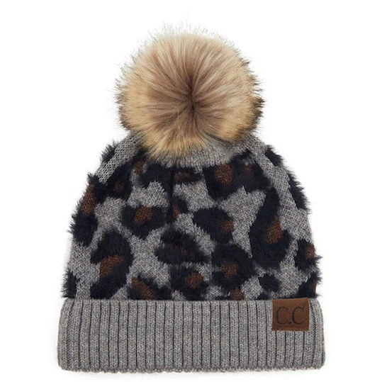 C.C Leopard Pattern Beanie Hat Plush Faux Fur Pom Pom Hat - Image 5