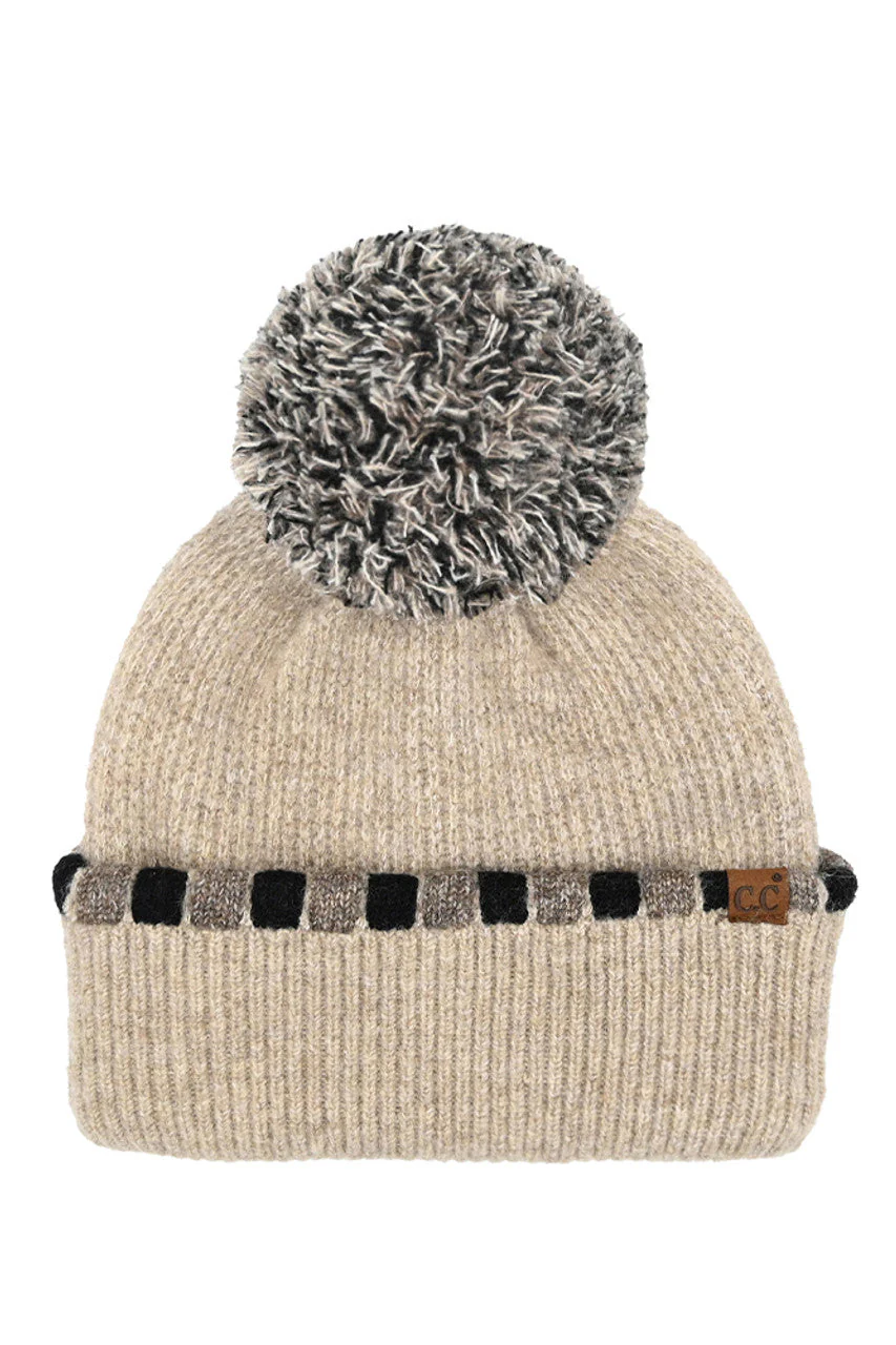 C.C Neutral Horizontal Stripe Cuffed Pom Beanie - Image 2