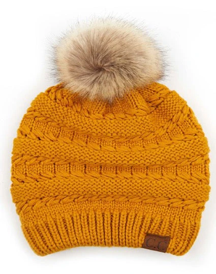 C.C Tilted Whip Stitch Slouch Beanie Faux Fur Pom Pom Hat - Image 5