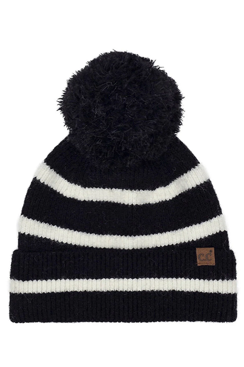 C.C Two Tone Stripe Yarn Pom Beanie