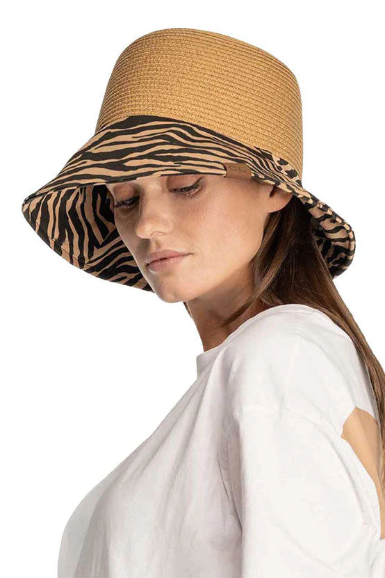 C.C Zebra Print Cloche Straw Bucket Hat - Image 3