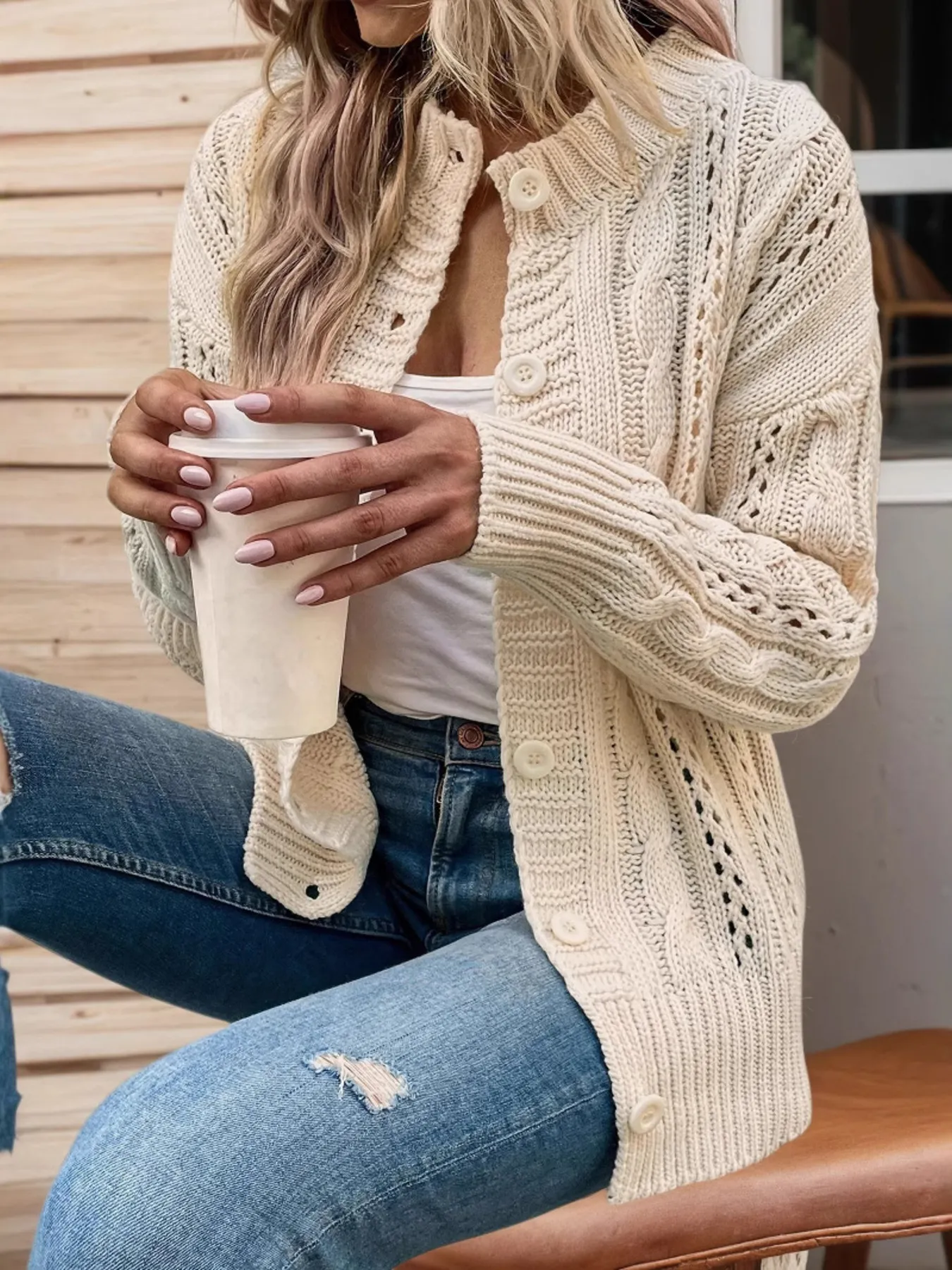 Cable Knit Belted Cardigan with Button Front - Image 5