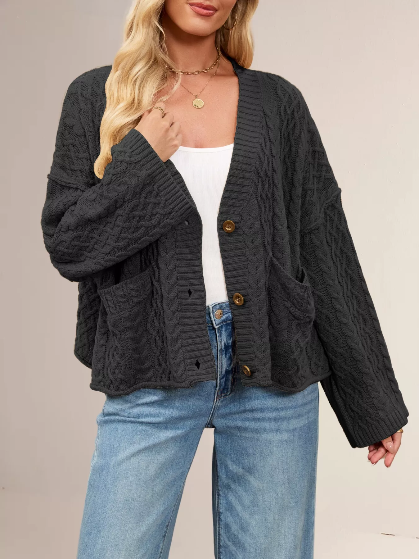 Cable Knit Button-Down Cardigan - Image 2