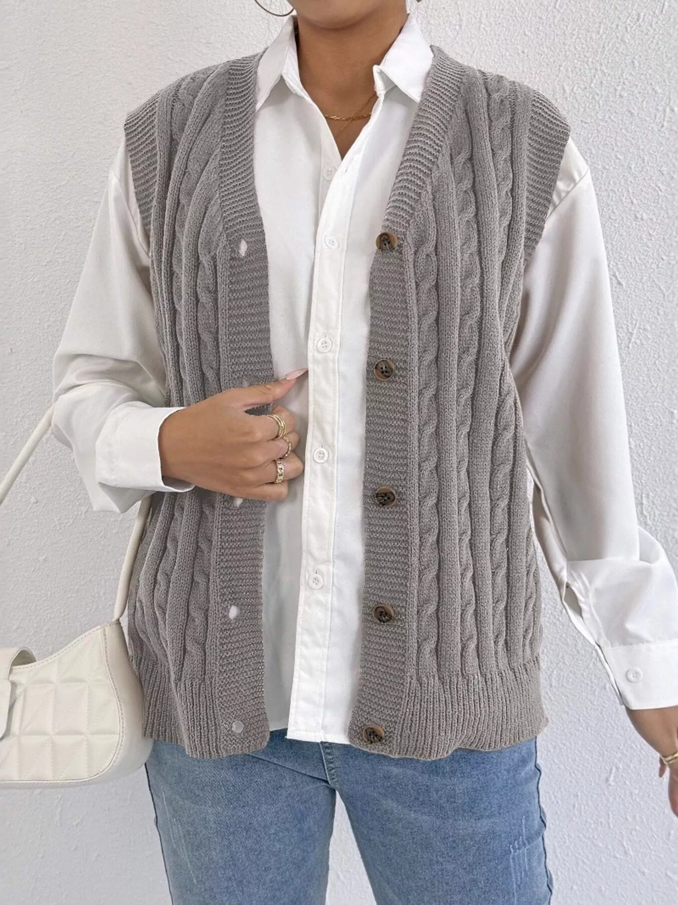Cable-Knit Button-Up Sweater Vest - Image 14