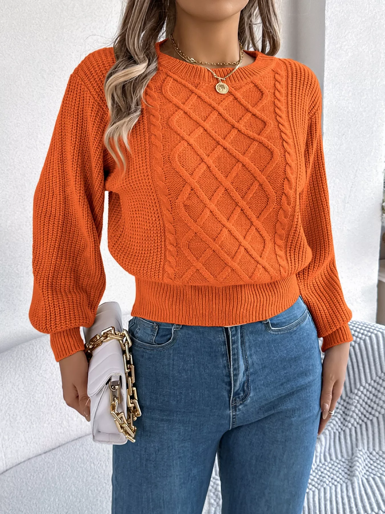 Cable Knit Diamond Pattern Long Sleeve Sweater - Image 5
