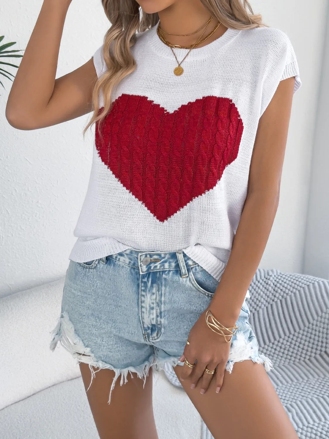 Cable Knit Heart Round Neck Cap Sleeve Knit Top - Image 10