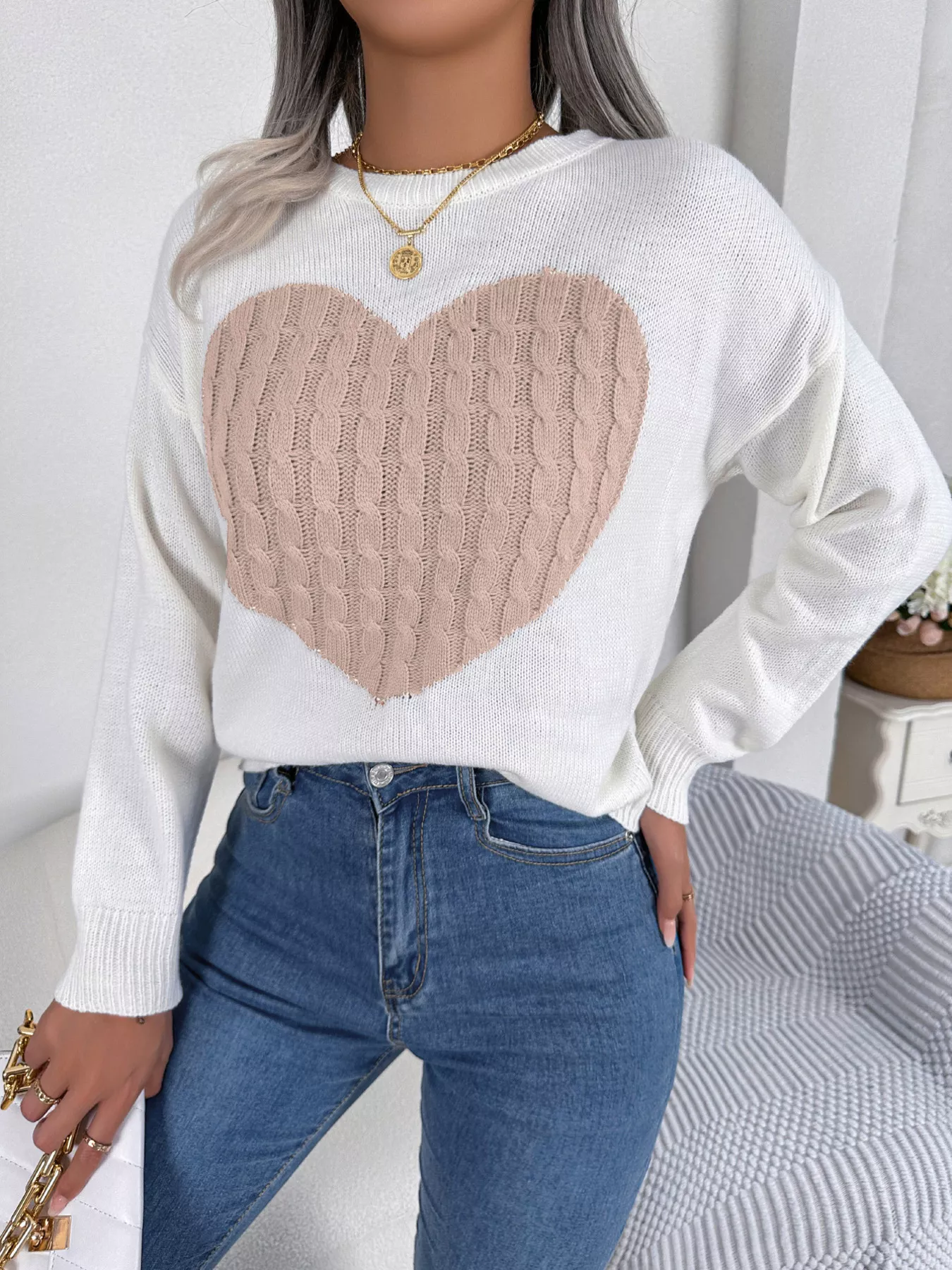 Cable Knit Heart Round Neck Sweater - Image 10