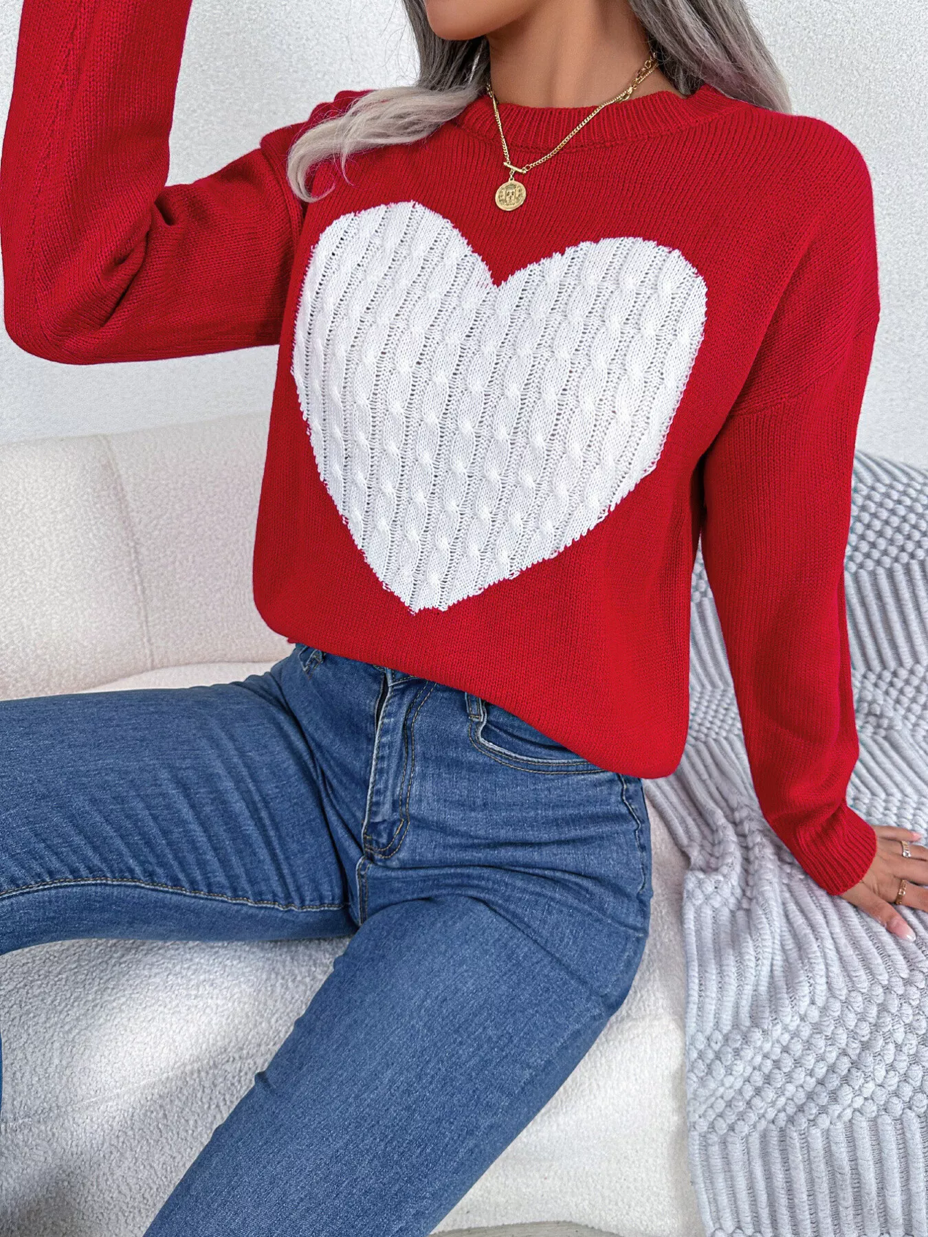 Cable Knit Heart Round Neck Sweater - Image 11