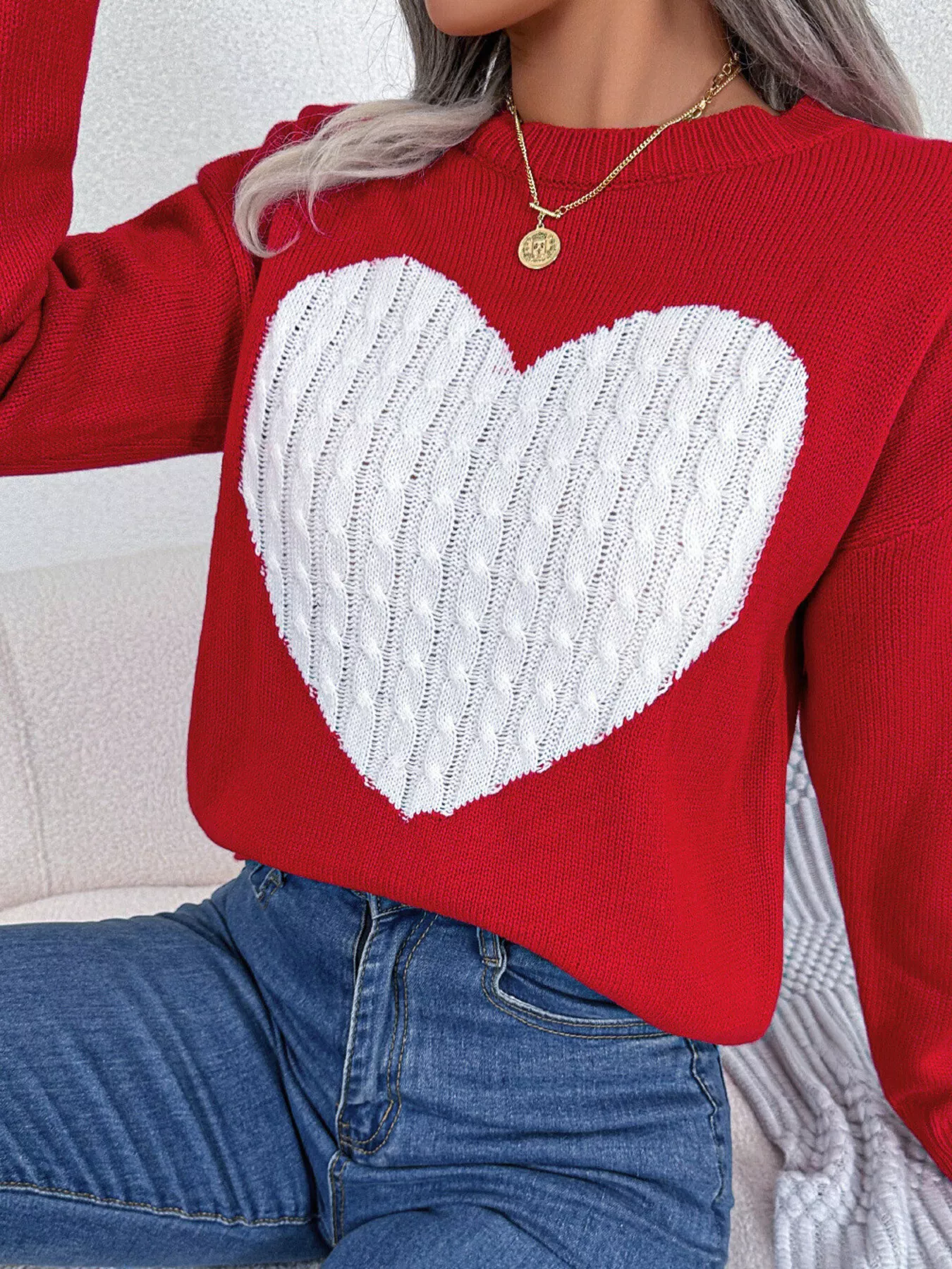 Cable Knit Heart Round Neck Sweater - Image 12