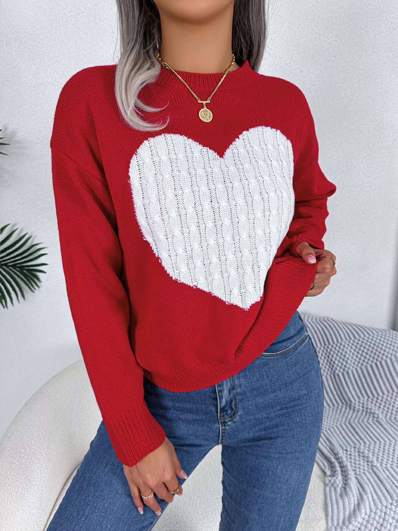 Cable Knit Heart Round Neck Sweater - Image 13