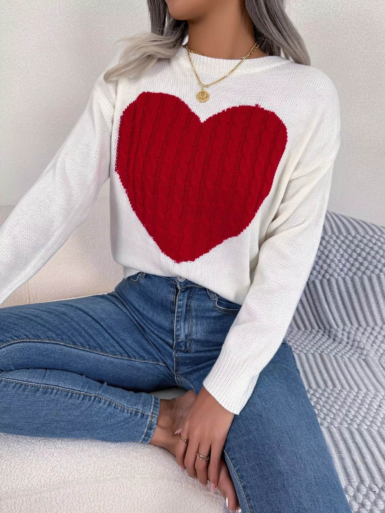 Cable Knit Heart Round Neck Sweater - Image 15