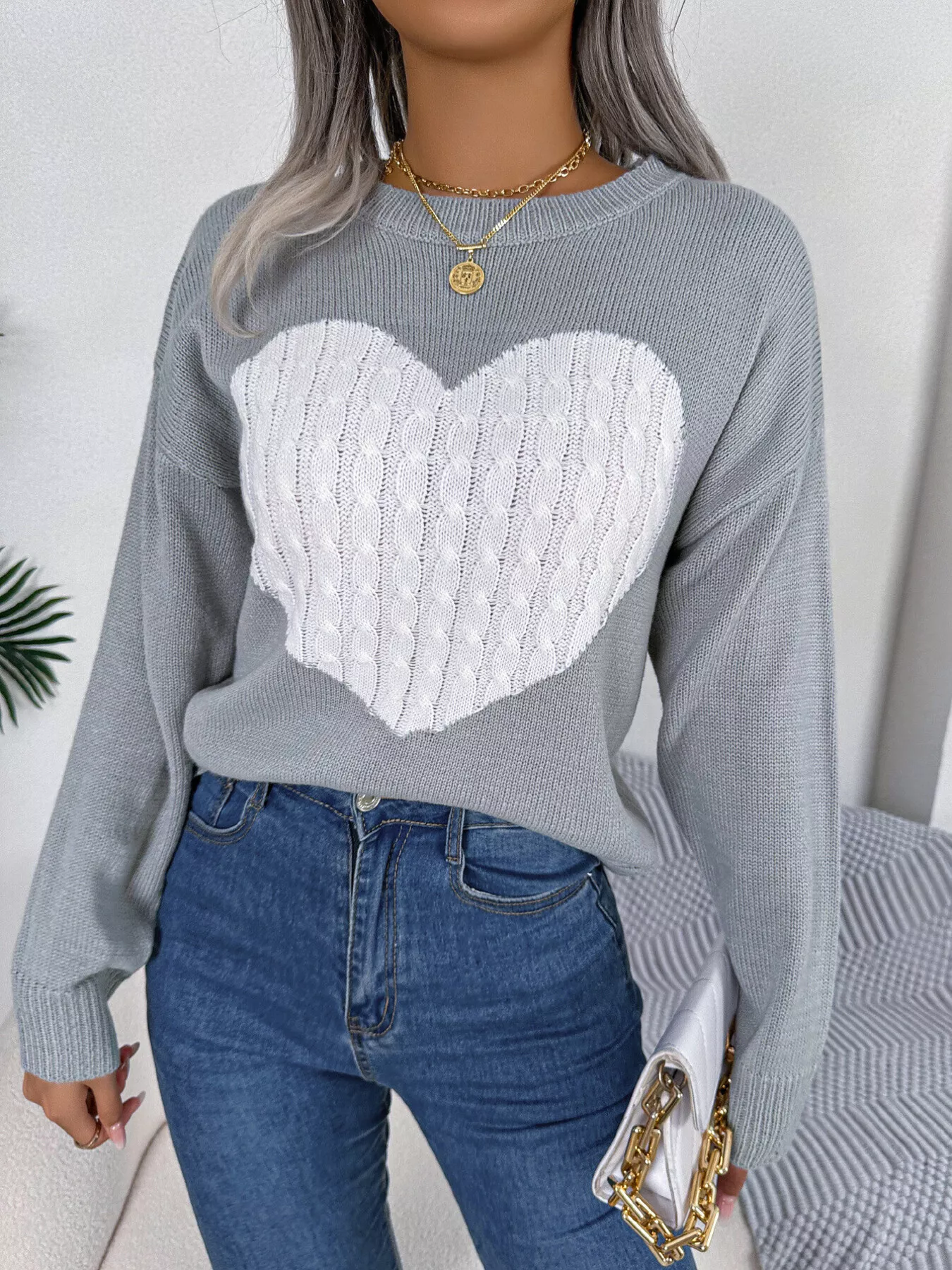 Cable Knit Heart Round Neck Sweater - Image 2
