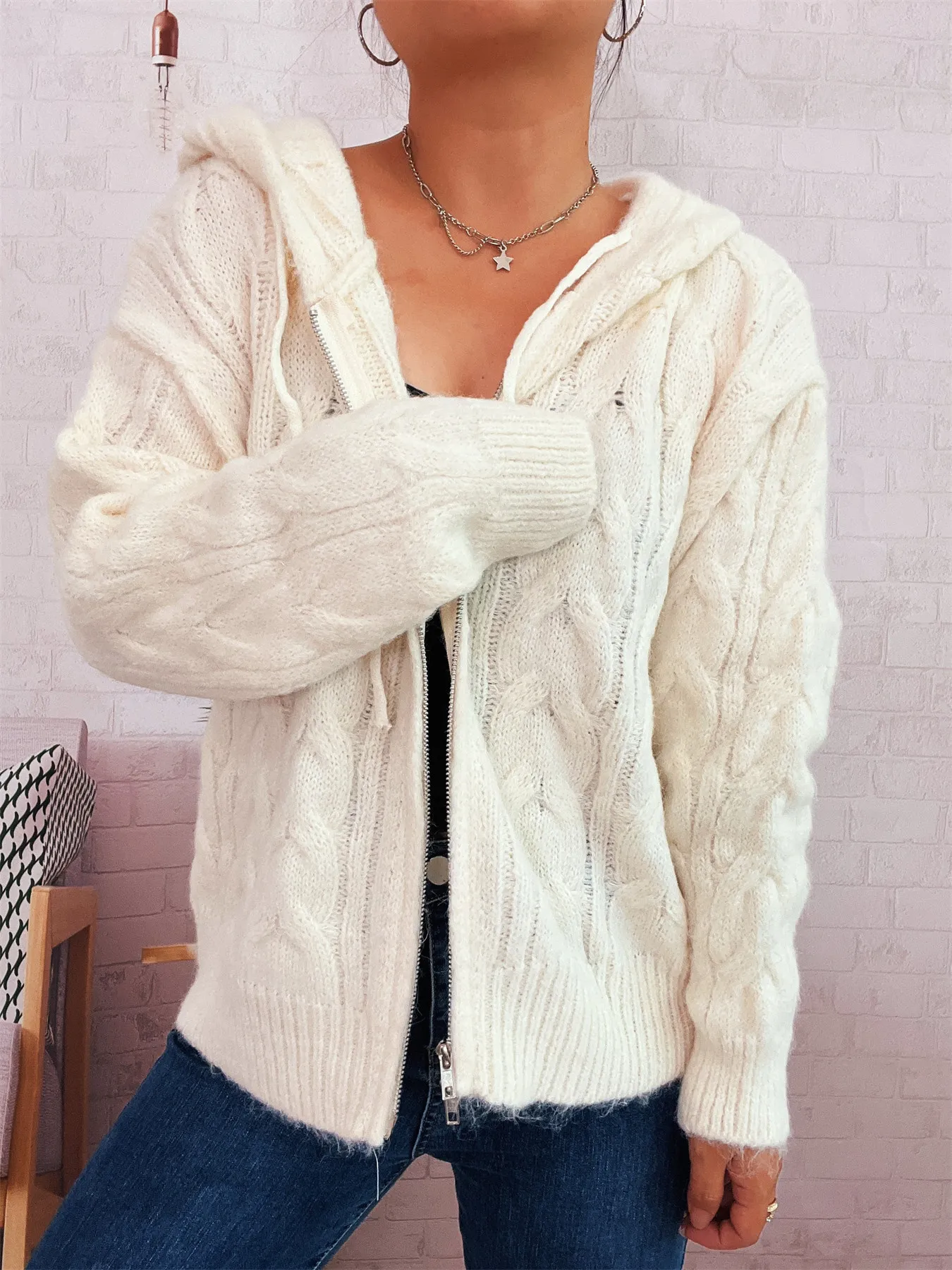 Cable Knit Hooded Zip-Up Cardigan - Image 11