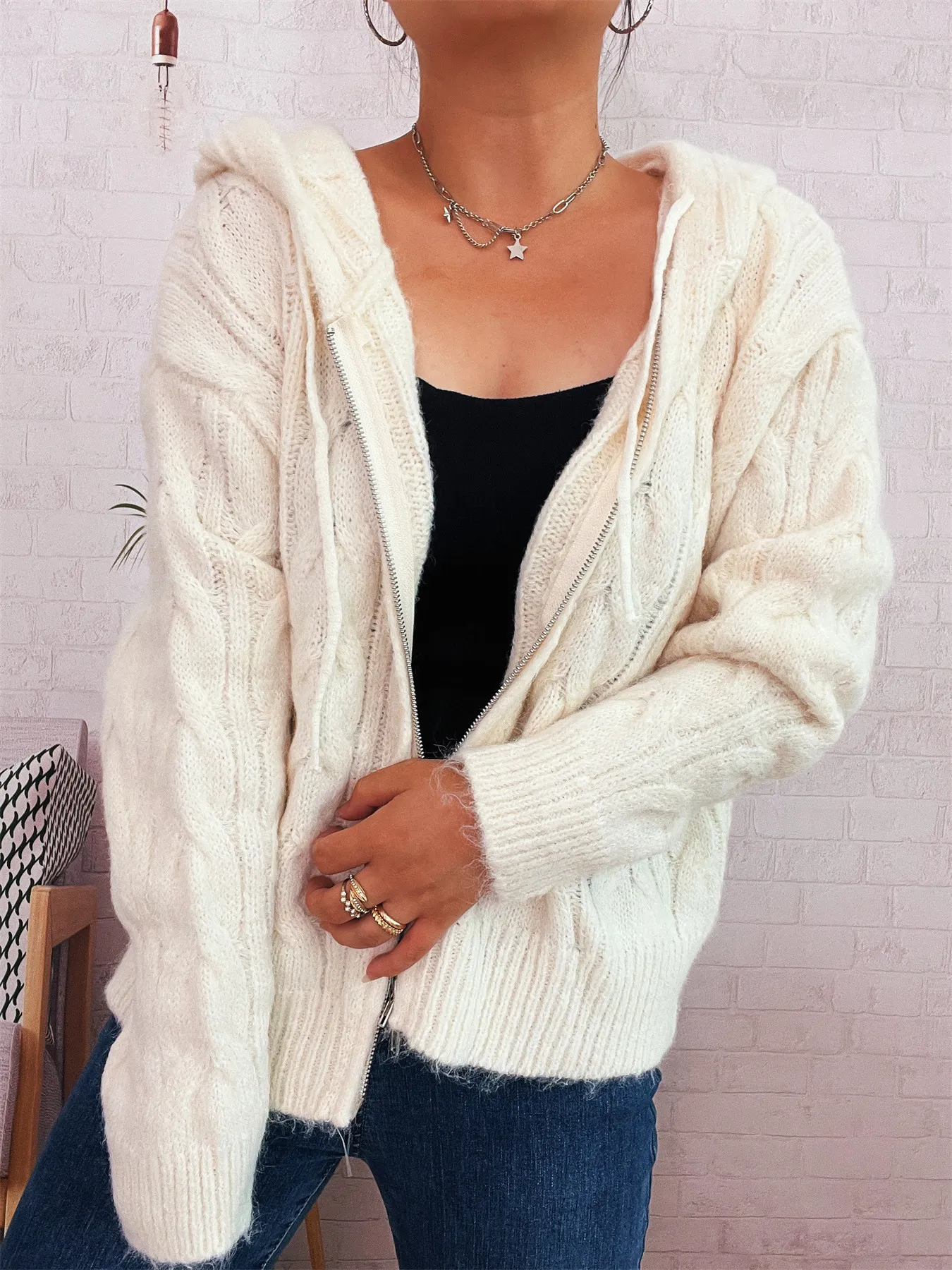Cable Knit Hooded Zip-Up Cardigan - Image 8