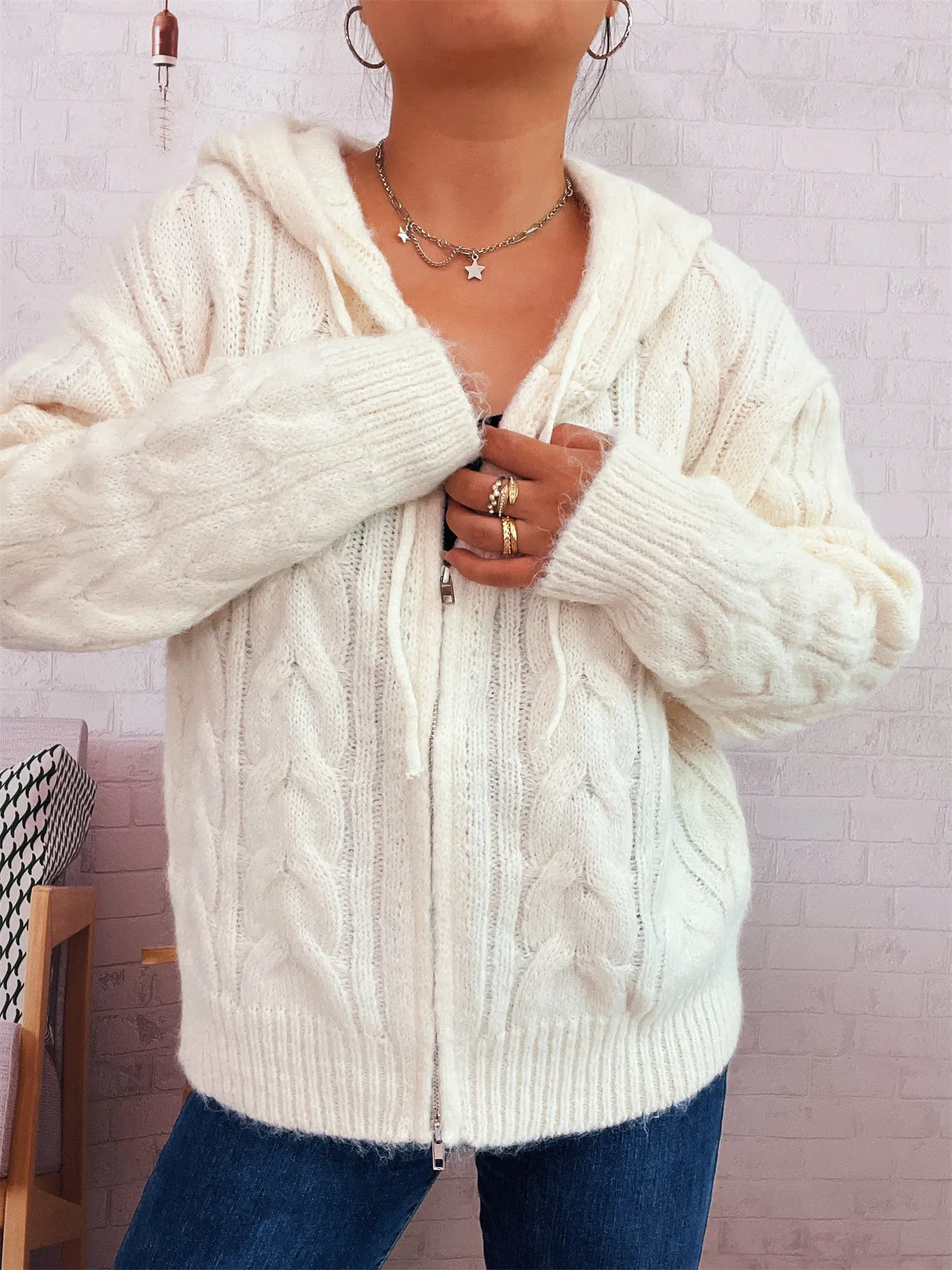 Cable Knit Hooded Zip-Up Cardigan - Image 9