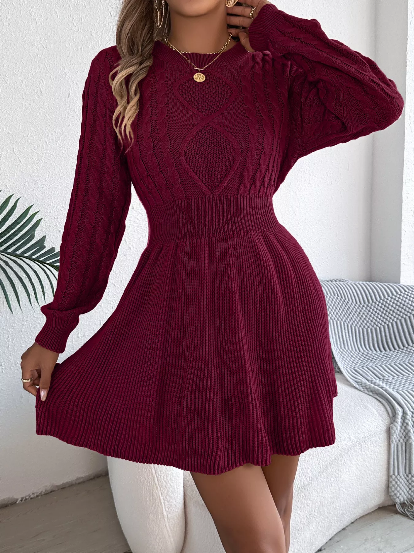 Cable Knit Long Sleeve Sweater Dress - Image 10