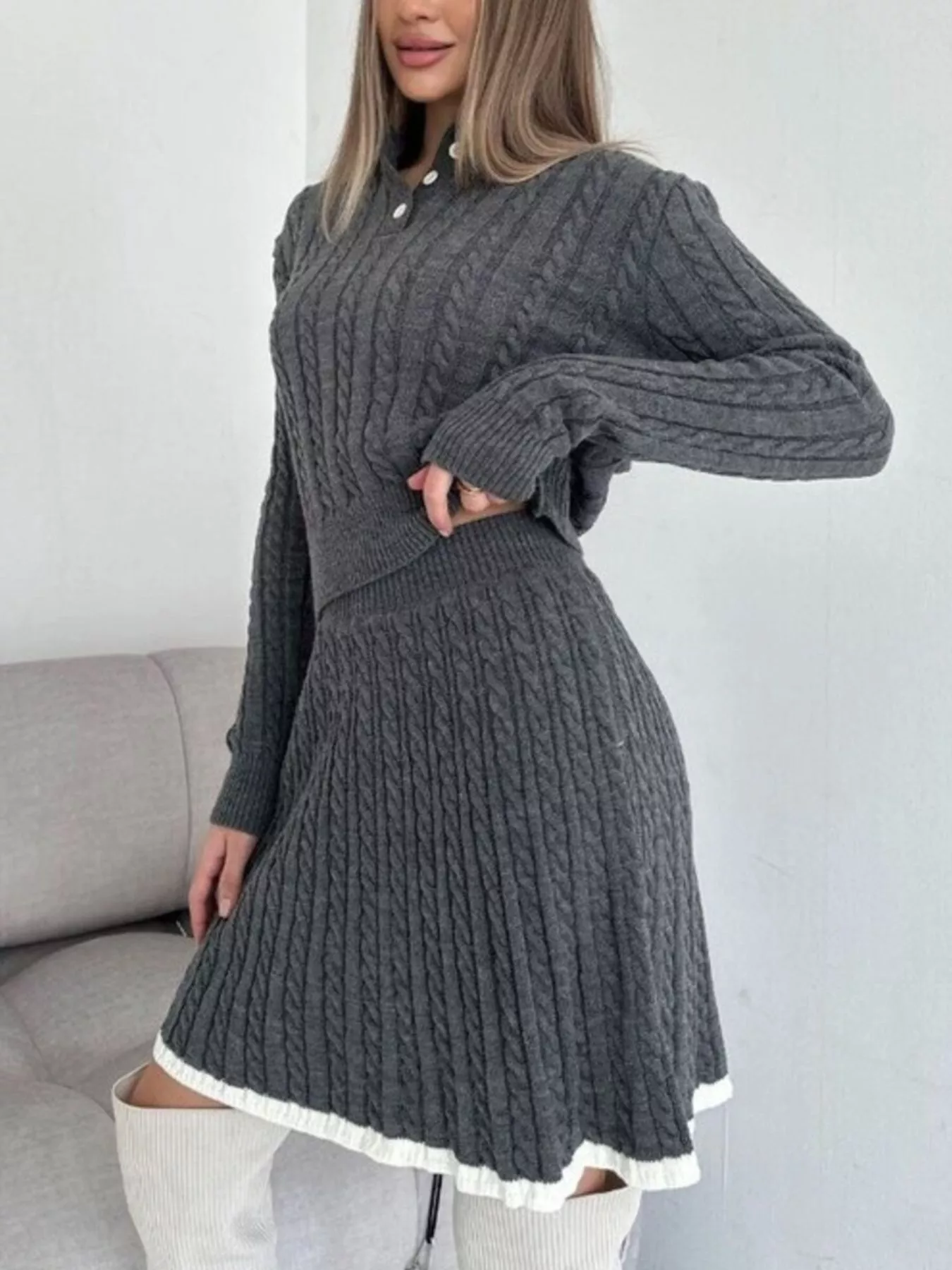 Cable Knit Long Sleeve Top and Skirt Sweater Set - Image 11