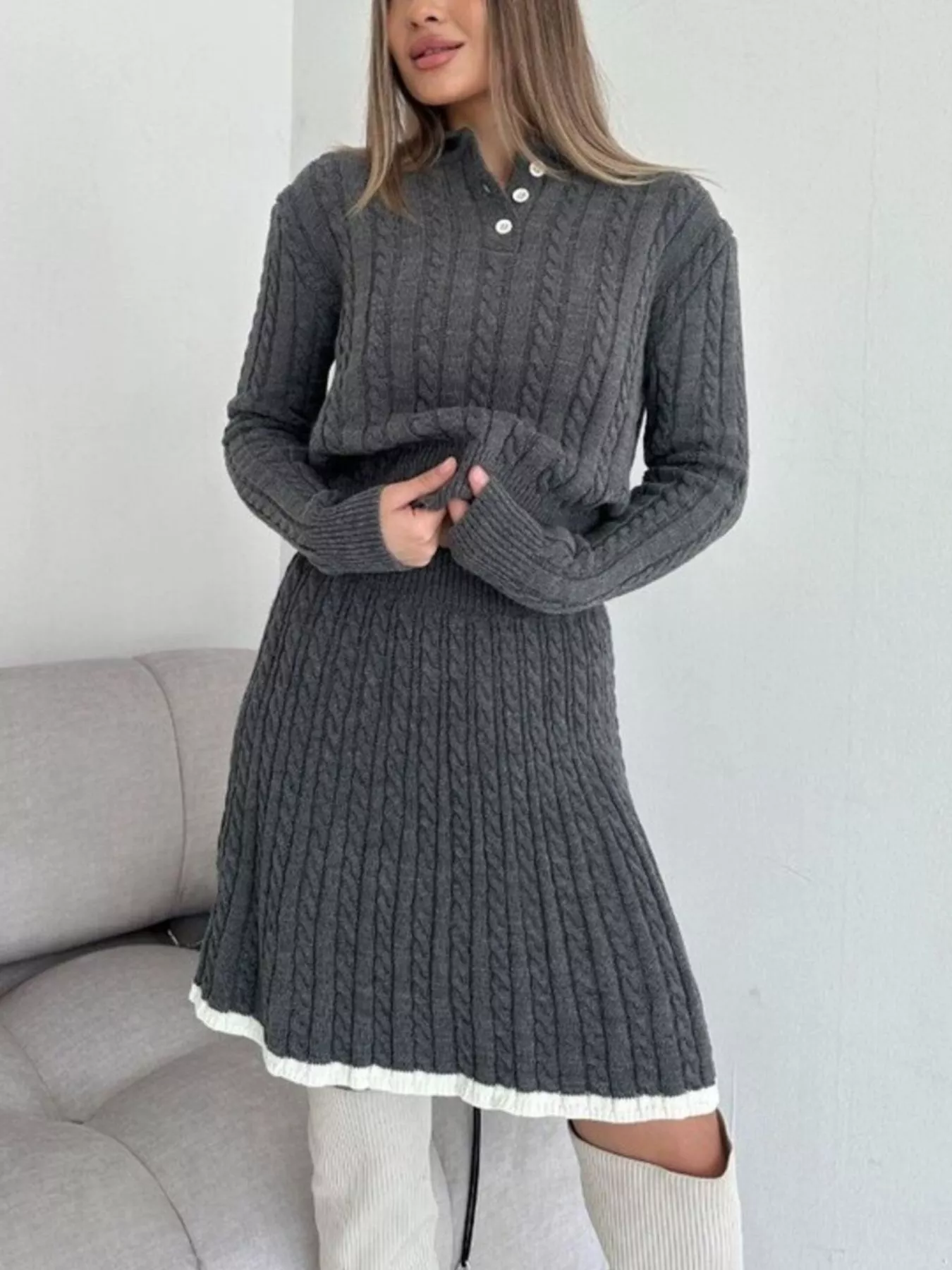 Cable Knit Long Sleeve Top and Skirt Sweater Set - Image 7
