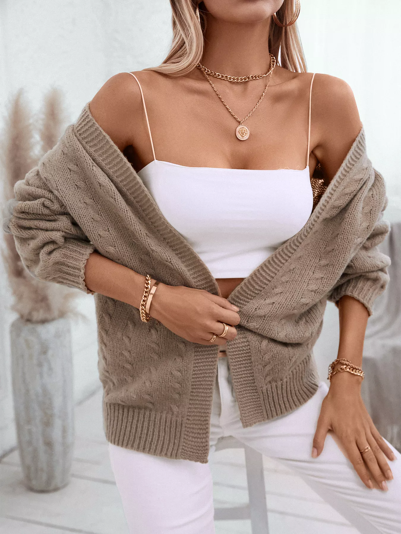 Cable Knit Open Front Hooded Cardigan - Image 7