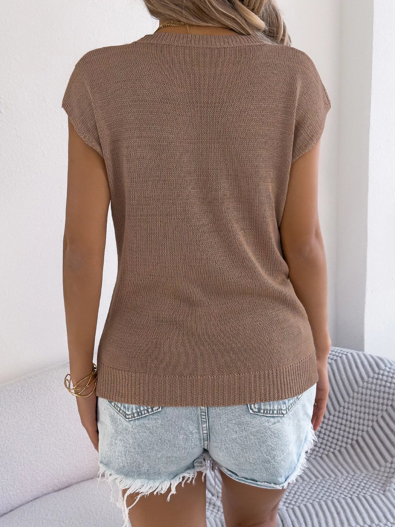 Cable Knit Openwork Cap Sleeve Sweater - Image 9
