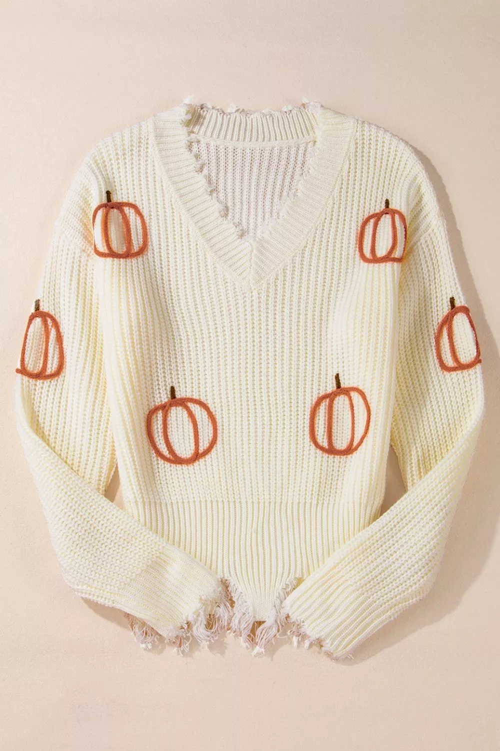 Cable Knit Pumpkin Raw Hem V Neck Loose Sweater - Image 5