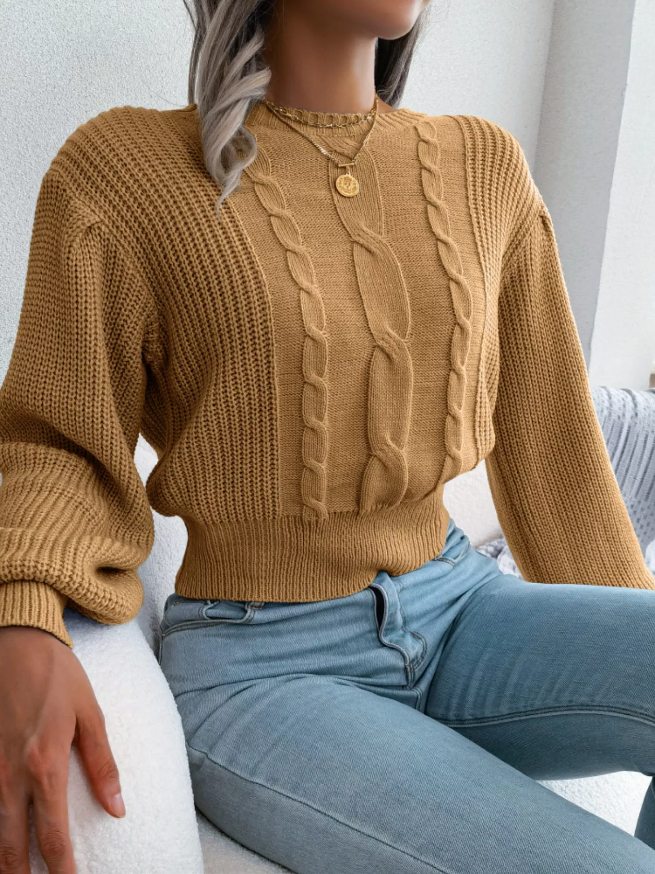 Cable Knit Round Neck Cropped Sweater - Image 15