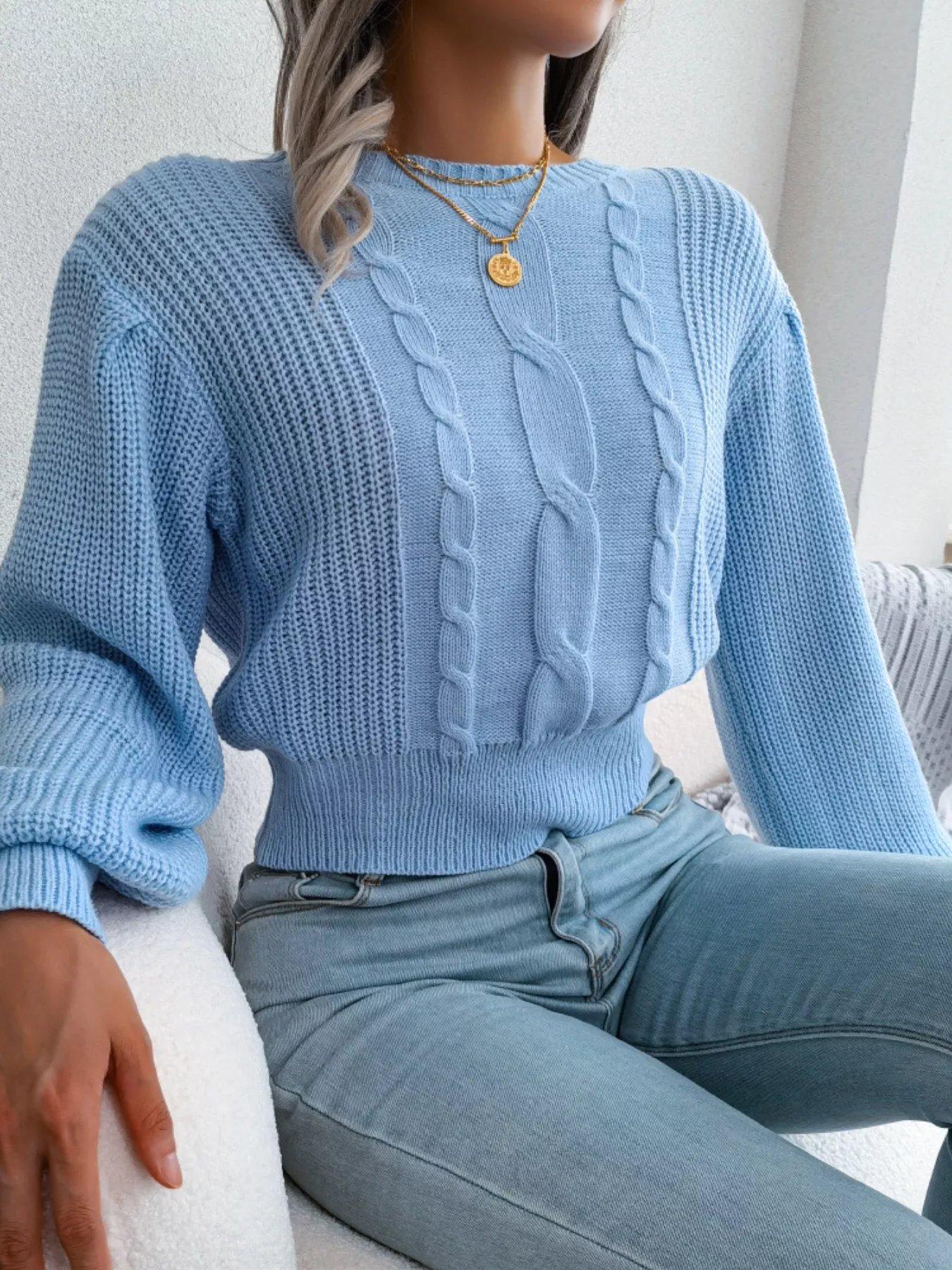 Cable Knit Round Neck Cropped Sweater - Image 9