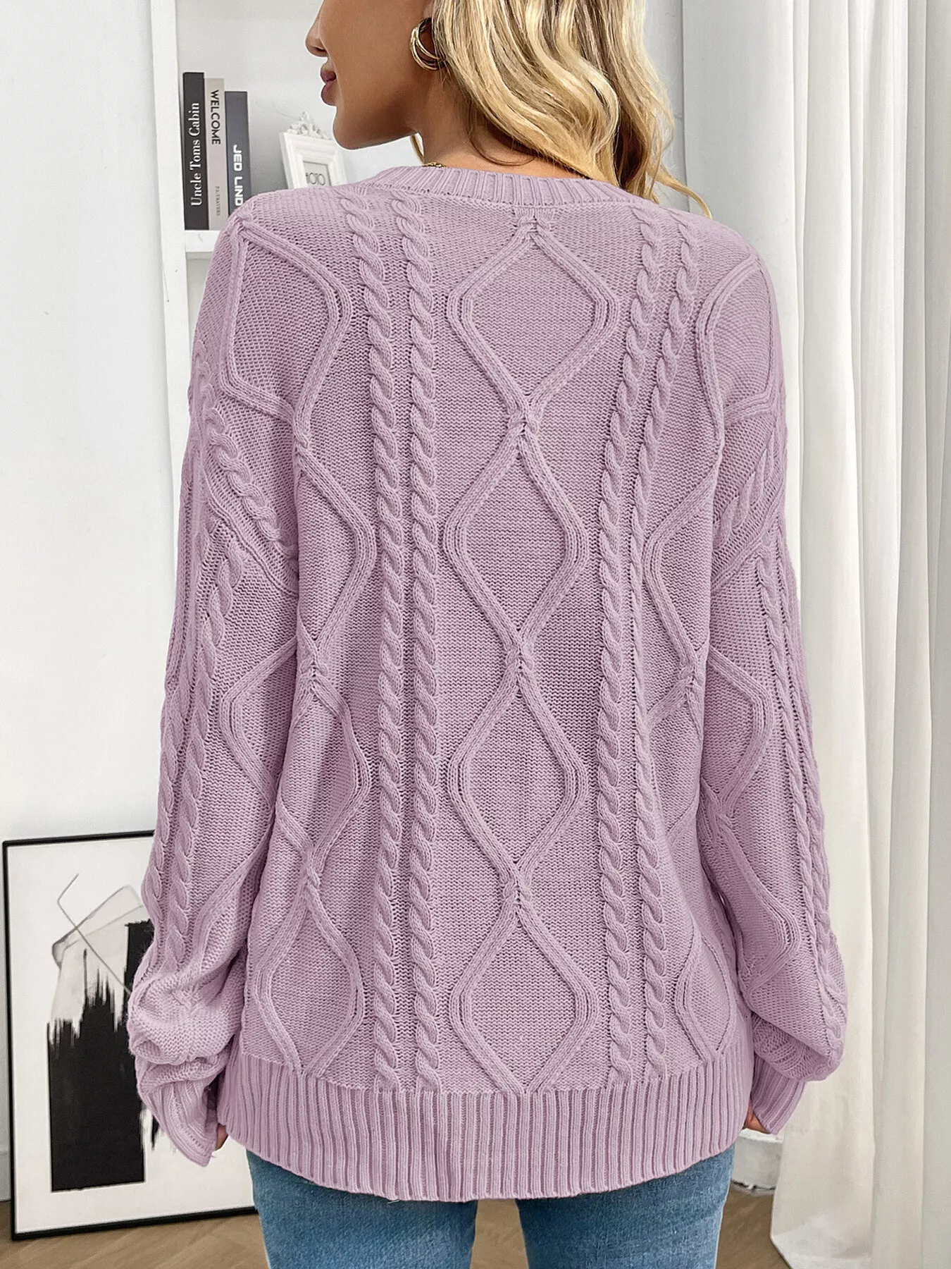 Cable Knit Round Neck Long Sleeve Sweater - Image 5