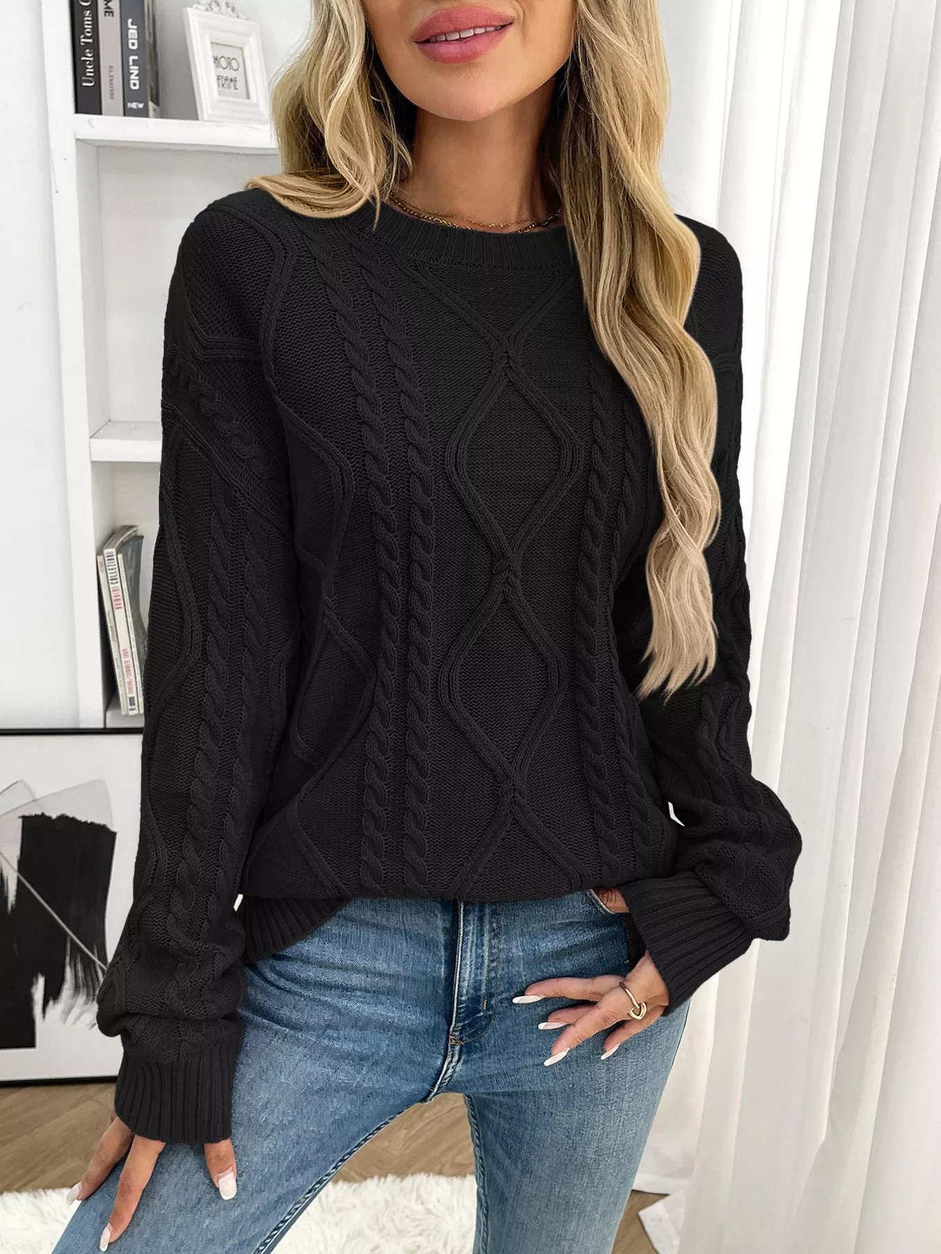 Cable Knit Round Neck Long Sleeve Sweater - Image 6