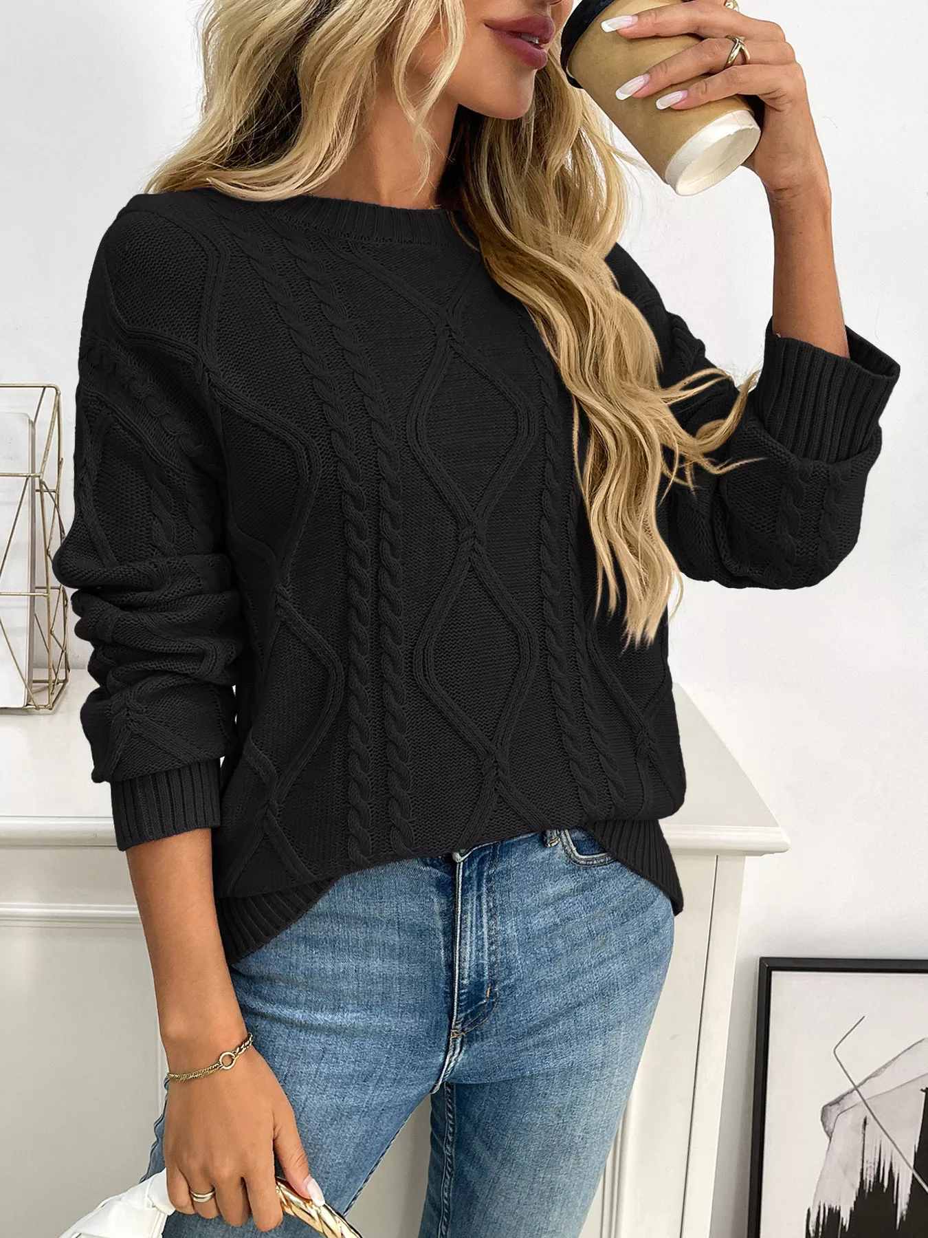 Cable Knit Round Neck Long Sleeve Sweater - Image 7