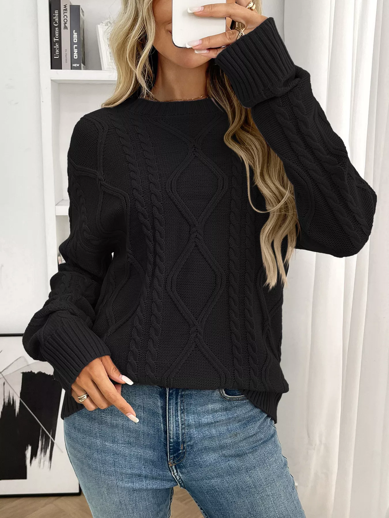 Cable Knit Round Neck Long Sleeve Sweater - Image 8