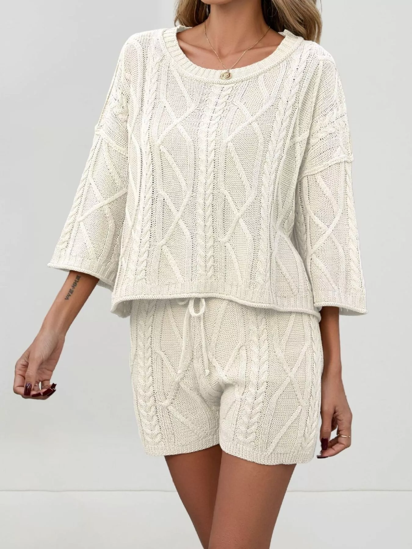 Cable Knit Round Neck Top and Shorts Sweater Set - Image 11